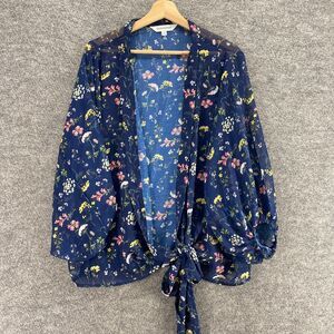 Davi & Dani Blouse Women S Small Blue Floral Tie Up Long Sleeve Open Front Sheer